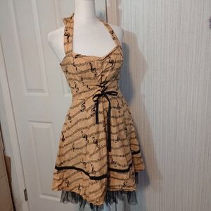 Hot Topic Women's Corset Sundress Size MD Tan Black Music Notes Crinoline EUC